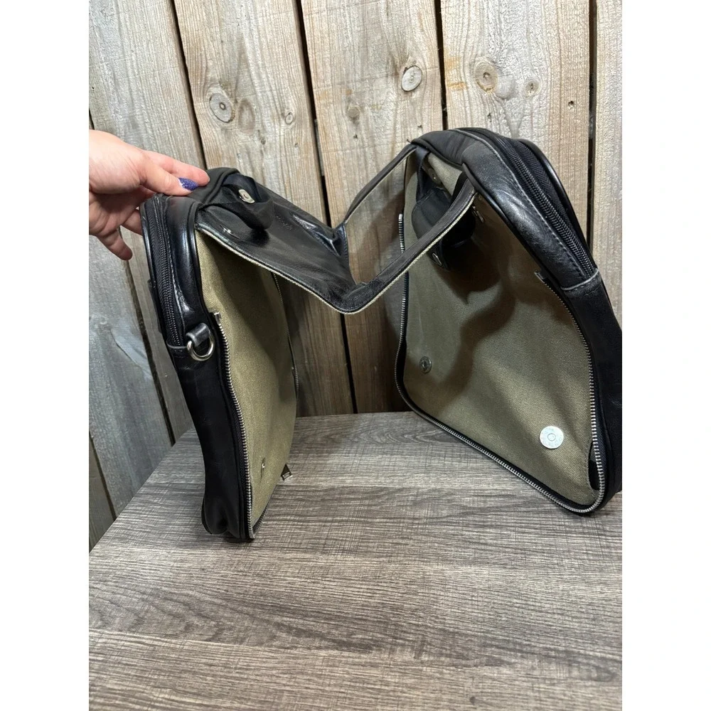 Vintage Black Leather Fold Out Messenger Bag Multi Pocket Travel Case Handbag